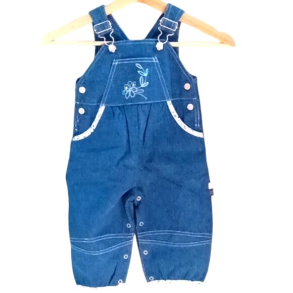 J & C Blue Denim Dungarees 18 Months Adjustable Shoulder Straps Embroidered Bib - Picture 1 of 7